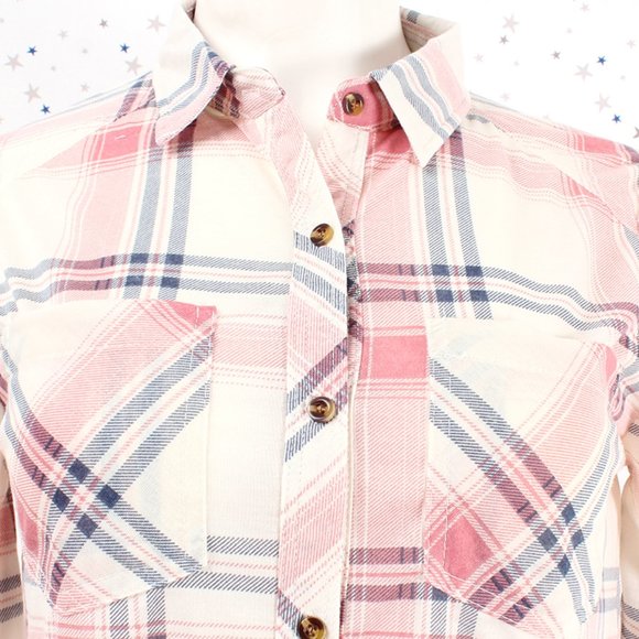 Knit Plaid Button Up Shirt Hi Lo Hem Ivory Coral Blue - Picture 4 of 8